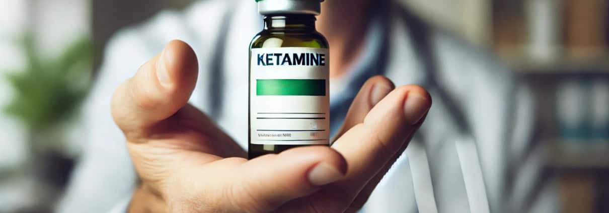 doctor holding a bottle of ketmaine and handing to patient