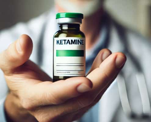 doctor holding a bottle of ketmaine and handing to patient